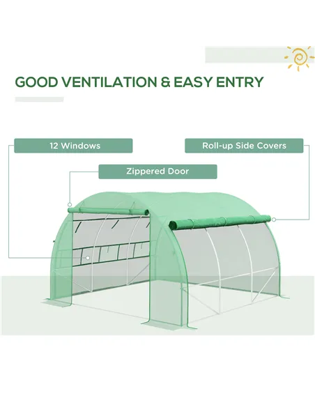 Outsunny Polytunnel Greenhouse Walk-in Grow House Tent with Roll-up Sidewalls, Zipped Door and 6 Windows, 3x3x2m Green