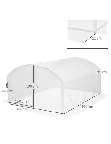 Outsunny Polytunnel Greenhouse Walk-in Grow House with UV-resistant PE Cover, Door, Galvanised Steel Frame, 4 x 3 x 2m, White