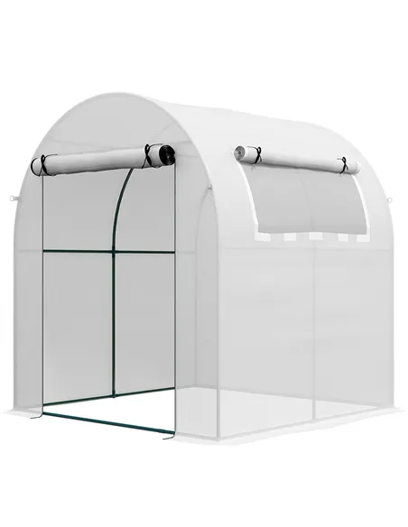Outsunny Walk in Polytunnel Greenhouse, Green House for Garden with Roll-up Window and Door, 1.8 x 1.8 x 2 m, White