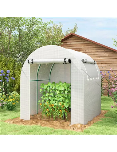 Outsunny Walk in Polytunnel Greenhouse, Green House for Garden with Roll-up Window and Door, 1.8 x 1.8 x 2 m, White