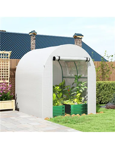 Outsunny Walk in Polytunnel Greenhouse, Green House for Garden with Roll-up Window and Door, 1.8 x 1.8 x 2 m, White