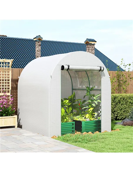 Outsunny Walk in Polytunnel Greenhouse, Green House for Garden with Roll-up Window and Door, 1.8 x 1.8 x 2 m, White
