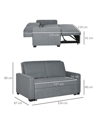 HOMCOM Double Sofa Bed Click Clack Sofa Bed Pull Out Bed with Adjustable Backrest for Living Room and Bedroom Grey