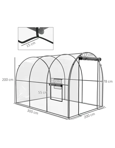 Outsunny Polytunnel Greenhouse Walk-in Grow House with Plasric Cover, Door, Mesh Window and Steel Frame, 3 x 2 x 2m, Clear