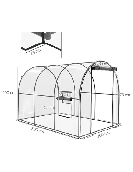 Outsunny Polytunnel Greenhouse Walk-in Grow House with Plasric Cover, Door, Mesh Window and Steel Frame, 3 x 2 x 2m, Clear