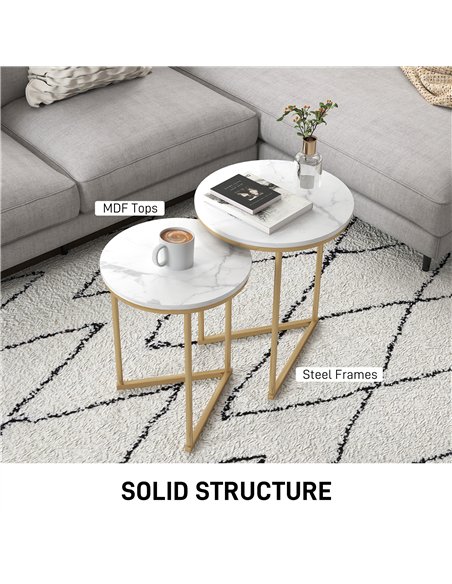 HOMCOM Set of Two Marble-Effect Nest of Tables - White/Gold-Tone