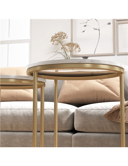 HOMCOM Set of Two Marble-Effect Nest of Tables - White/Gold-Tone