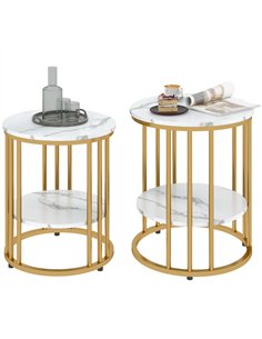 HOMCOM Set of Two Marble-Effect Coffee Tables - White/Gold-Tone