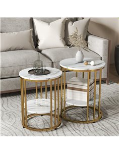 HOMCOM Set of Two Marble-Effect Coffee Tables - White/Gold-Tone 2