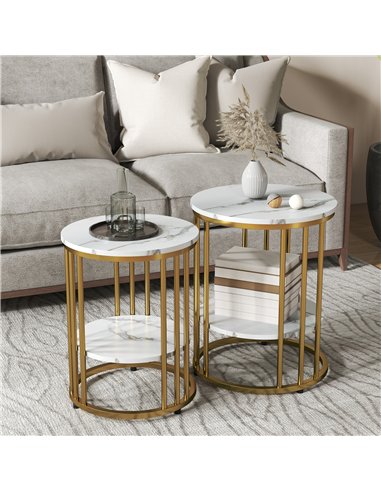 HOMCOM Set of Two Marble-Effect Coffee Tables - White/Gold-Tone