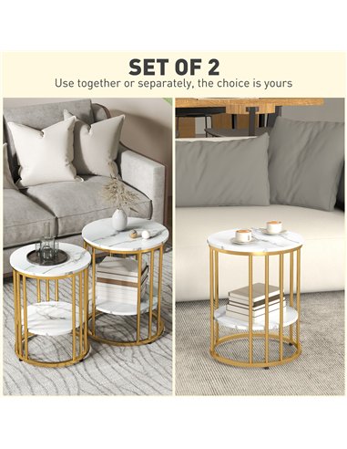 HOMCOM Set of Two Marble-Effect Coffee Tables - White/Gold-Tone