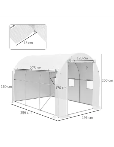 Outsunny 296 x 196cm Steel Frame Polytunnel Greenhouse - White