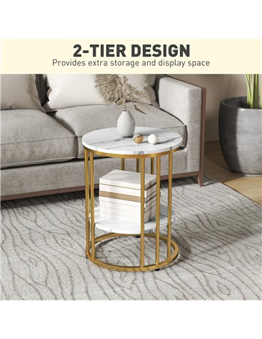 HOMCOM Set of Two Marble-Effect Coffee Tables - White/Gold-Tone