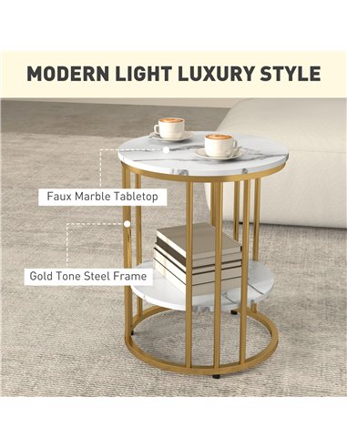 HOMCOM Set of Two Marble-Effect Coffee Tables - White/Gold-Tone