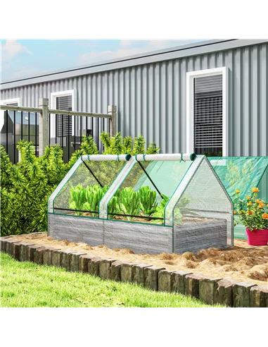 Outsunny Metal Planter Box with Cover, Raised Garden Bed with Greenhouse, for Herbs and Vegetables, White and Dark Grey