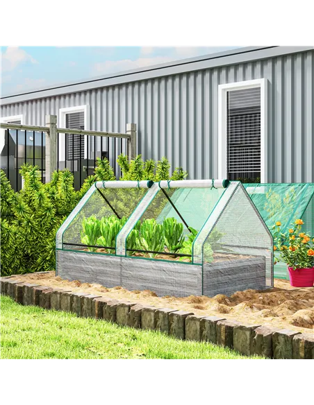Outsunny Metal Planter Box with Cover, Raised Garden Bed with Greenhouse, for Herbs and Vegetables, White and Dark Grey