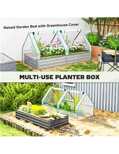 Outsunny Metal Planter Box with Cover, Raised Garden Bed with Greenhouse, for Herbs and Vegetables, White and Dark Grey