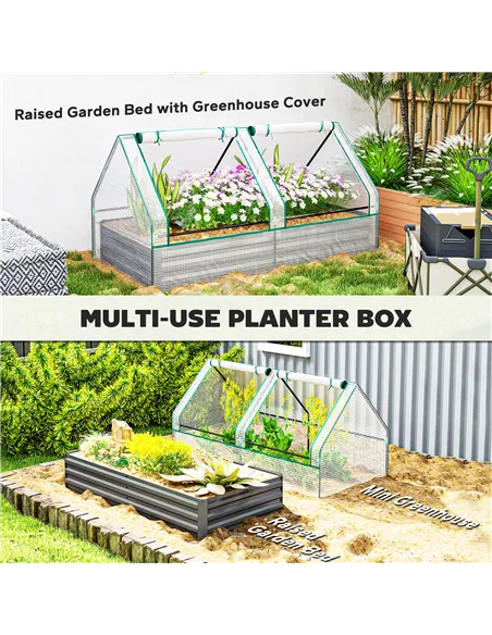 Outsunny Metal Planter Box with Cover, Raised Garden Bed with Greenhouse, for Herbs and Vegetables, White and Dark Grey