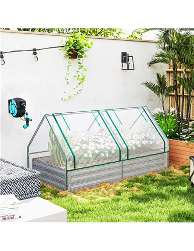 Outsunny Metal Planter Box with Cover, Raised Garden Bed with Greenhouse, for Herbs and Vegetables, White and Dark Grey
