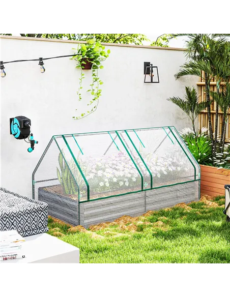 Outsunny Metal Planter Box with Cover, Raised Garden Bed with Greenhouse, for Herbs and Vegetables, White and Dark Grey