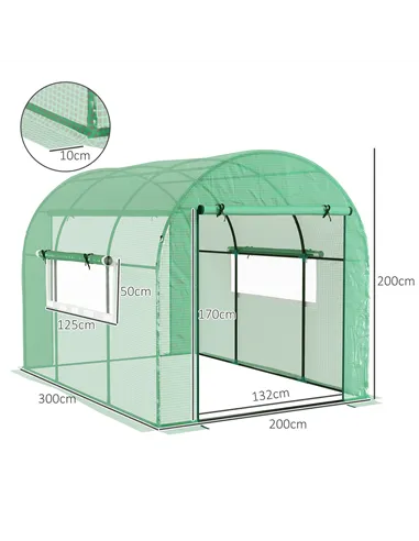 Outsunny 300 x 200cm Walk-In Polytunnel Greenhouse - Green