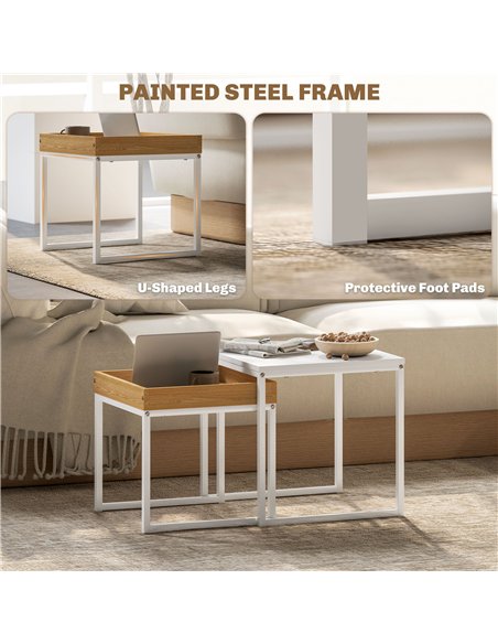 HOMCOM Set of Two Boxy Nesting Tables - White/Wood-Effect