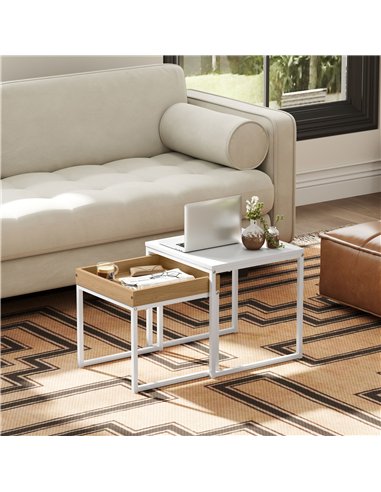 HOMCOM Set of Two Boxy Nesting Tables - White/Wood-Effect