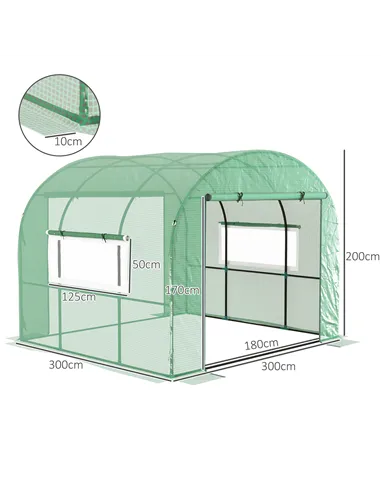 Outsunny 300 x 300cm Walk-In Polytunnel Greenhouse - Green