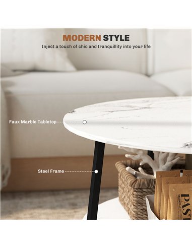 HOMCOM Two-Tier Marble-Effect Coffee Table - White/Black