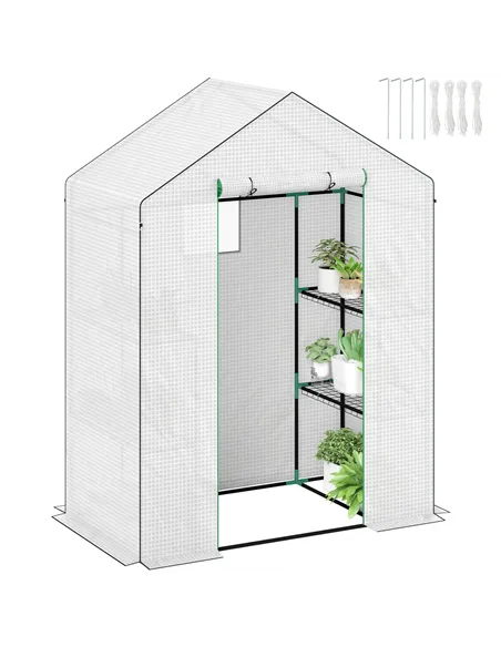 Outsunny 143 x 74cm Walk-In Greenhouse, with Shelves - White