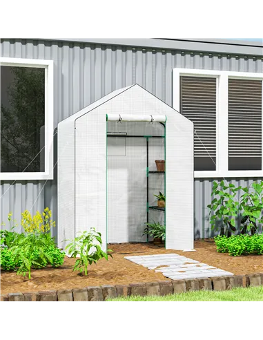 Outsunny 143 x 74cm Walk-In Greenhouse, with Shelves - White
