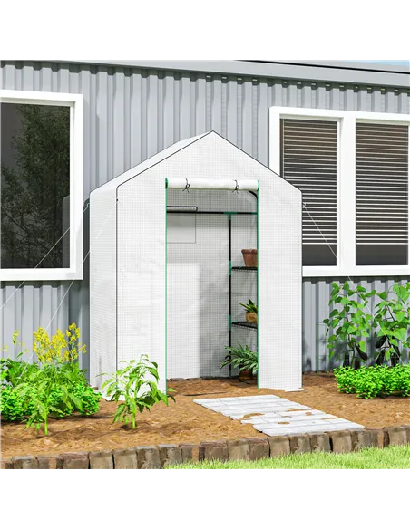 Outsunny 143 x 74cm Walk-In Greenhouse, with Shelves - White