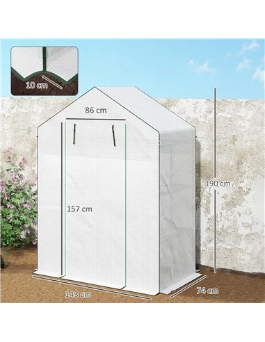 Outsunny 143 x 74cm Walk-In Greenhouse, with Shelves - White