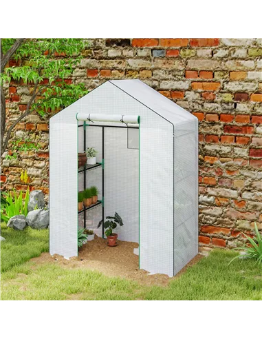 Outsunny 143 x 74cm Walk-In Greenhouse, with Shelves - White