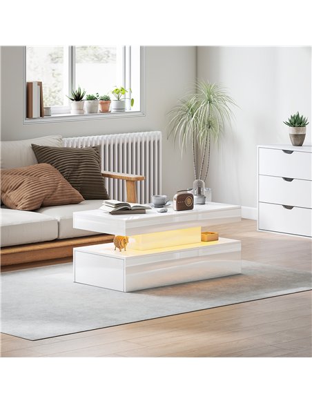 HOMCOM LED Coffee Table with Storage - High Gloss White