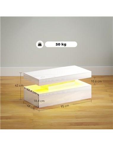HOMCOM LED Coffee Table with Storage - High Gloss White