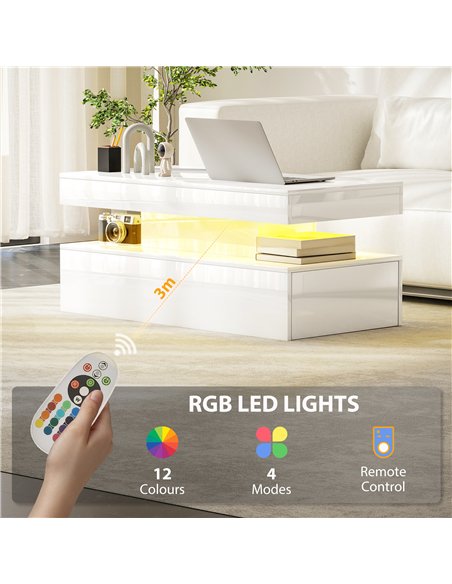 HOMCOM LED Coffee Table with Storage - High Gloss White