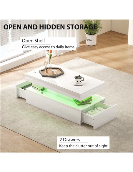 HOMCOM LED Coffee Table with Storage - High Gloss White