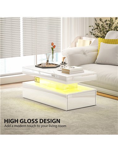 HOMCOM LED Coffee Table with Storage - High Gloss White