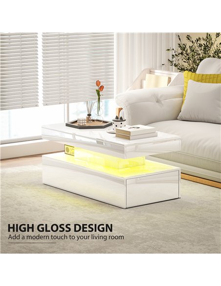 HOMCOM LED Coffee Table with Storage - High Gloss White