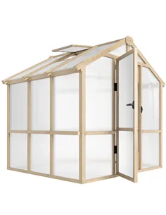 Outsunny 6.6 x 6ft Polycarbonate Greenhouse, Walk-in Wooden Greenhouse with Lockable Door and Window, Garden Plants Grow House, 