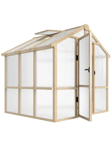 Outsunny 6.6 x 6ft Polycarbonate Greenhouse, Walk-in Wooden Greenhouse with Lockable Door and Window, Garden Plants Grow House, 