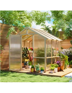 Outsunny 6.6 x 6ft Polycarbonate Greenhouse, Walk-in Wooden Greenhouse with Lockable Door and Window, Garden Plants Grow House,  2