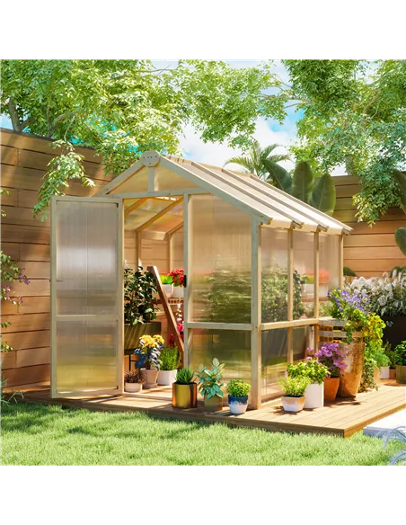 Outsunny 6.6 x 6ft Polycarbonate Greenhouse, Walk-in Wooden Greenhouse with Lockable Door and Window, Garden Plants Grow House, 