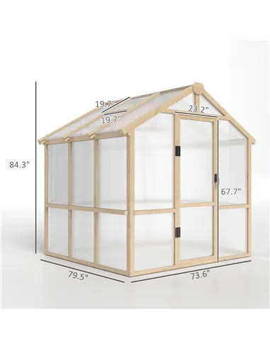 Outsunny 6.6 x 6ft Polycarbonate Greenhouse, Walk-in Wooden Greenhouse with Lockable Door and Window, Garden Plants Grow House, 