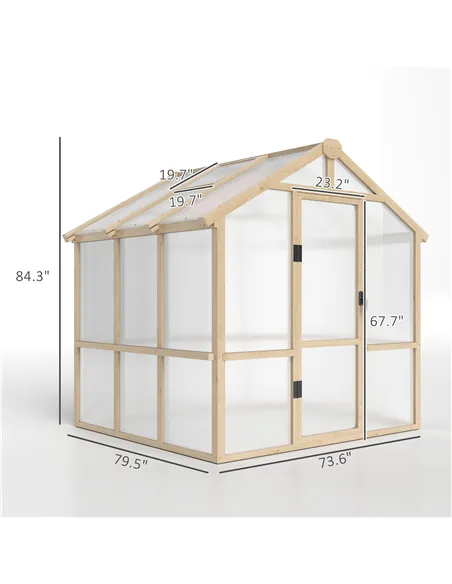 Outsunny 6.6 x 6ft Polycarbonate Greenhouse, Walk-in Wooden Greenhouse with Lockable Door and Window, Garden Plants Grow House, 