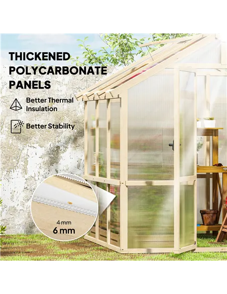 Outsunny 6.6 x 6ft Polycarbonate Greenhouse, Walk-in Wooden Greenhouse with Lockable Door and Window, Garden Plants Grow House, 