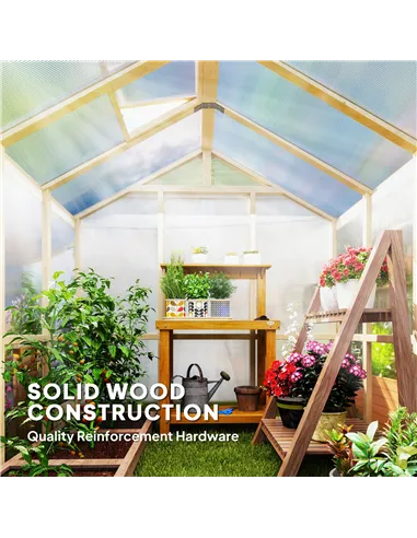 Outsunny 6.6 x 6ft Polycarbonate Greenhouse, Walk-in Wooden Greenhouse with Lockable Door and Window, Garden Plants Grow House, 