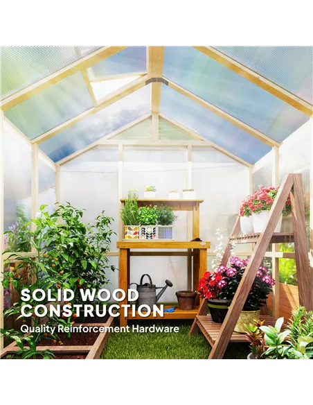 Outsunny 6.6 x 6ft Polycarbonate Greenhouse, Walk-in Wooden Greenhouse with Lockable Door and Window, Garden Plants Grow House, 