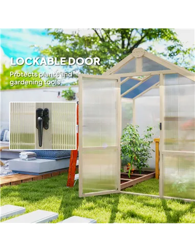 Outsunny 6.6 x 6ft Polycarbonate Greenhouse, Walk-in Wooden Greenhouse with Lockable Door and Window, Garden Plants Grow House, 